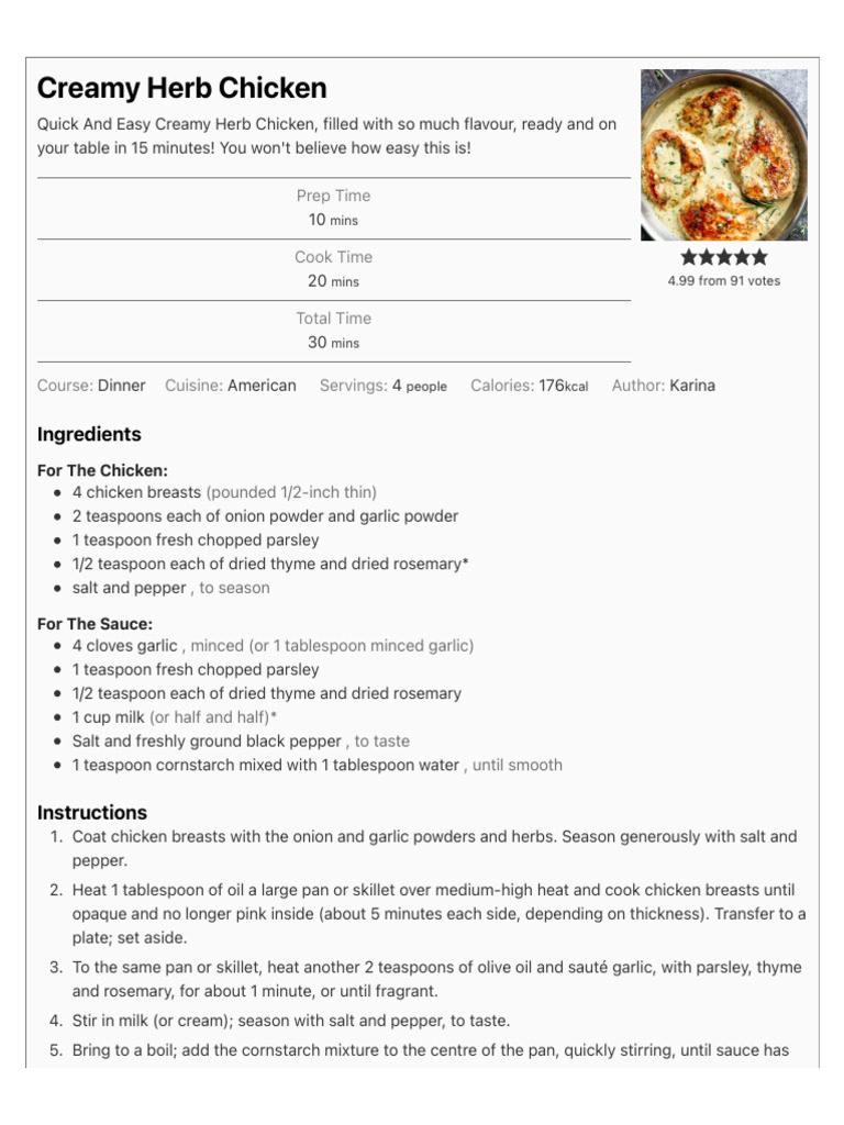 Creamy Herb Chicken Cafe Delites PDF Garlic Cooking