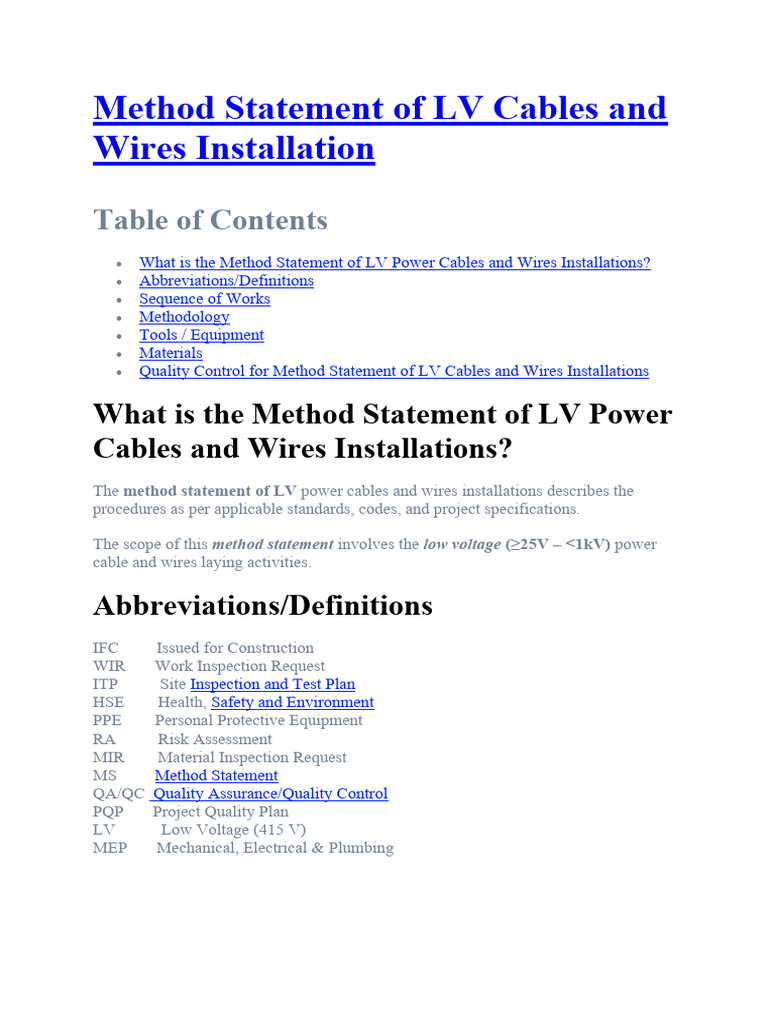 LV Cable Installation Method Statement | PDF | Wire | Equipment