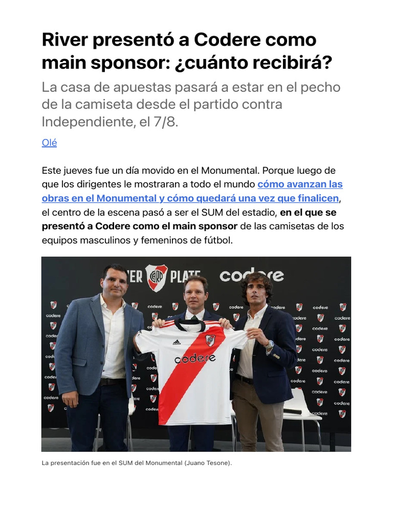 River Presentó A Codere Como Main Sponsor - ¿Cuánto Recibirá? | PDF