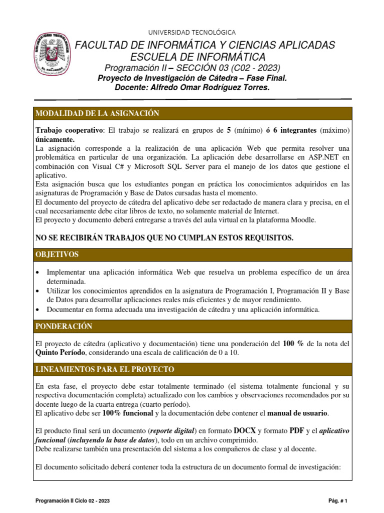 Proyecto de Cátedra Quinto Periodo Programación II | PDF | Archivo de ...