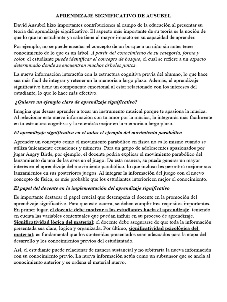 Aprendizaje Significativo de Ausubel | PDF | Aprendizaje | Memoria