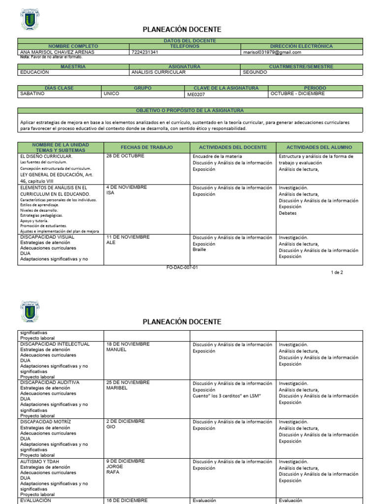 PLANEACIÓN DOCENTE | PDF | Plan de estudios | Maestros