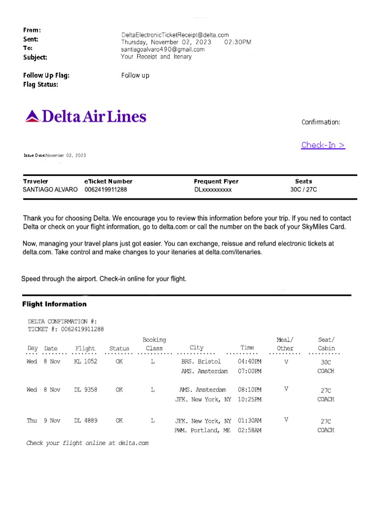 Delta Flight Itinerary for Santiago Alvaro | PDF