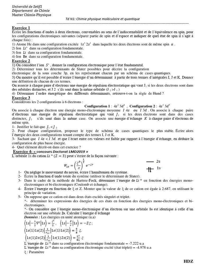 Exercices de Chimie Physique Quantique | PDF | Configuration ...