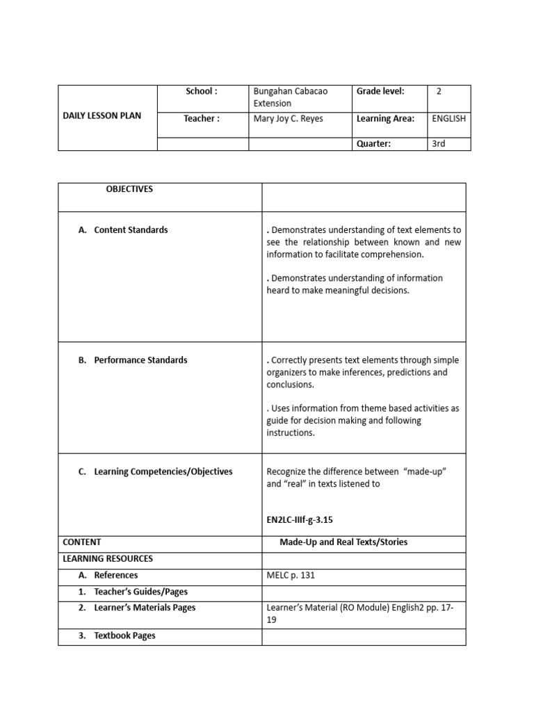 Grade 2 English Lesson Plan: Text Types | PDF | Lesson Plan | Learning