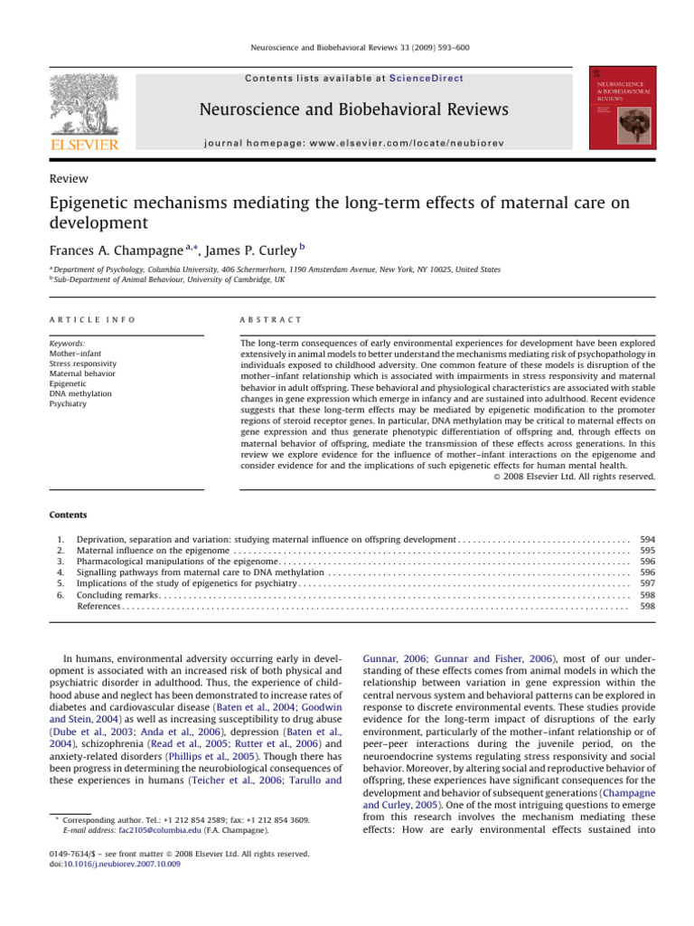 Epigenetic Mechanisms Mediating The Long-Term Effects of Maternal Care ...