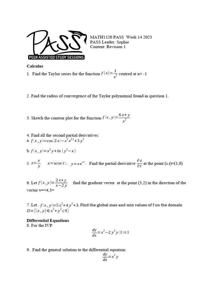 Math 1120 exam revision 2 doc x pdf matrix mathematics equations
