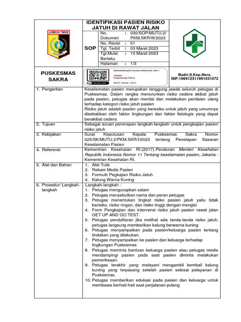 5 3 6 A 1 1 Sop Identifikasi Pasien Resiko Jatuh Rawat Jalan 1 Pdf