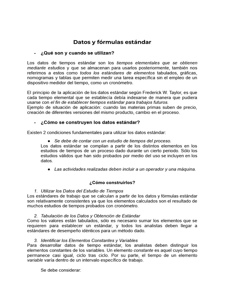 Datos y Fórmulas Estándar en Tiempos | PDF | Perforar | Matemáticas