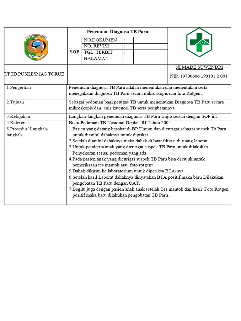 Sop Tbc Penemuan Diagnosa Tb Paru F Pdf