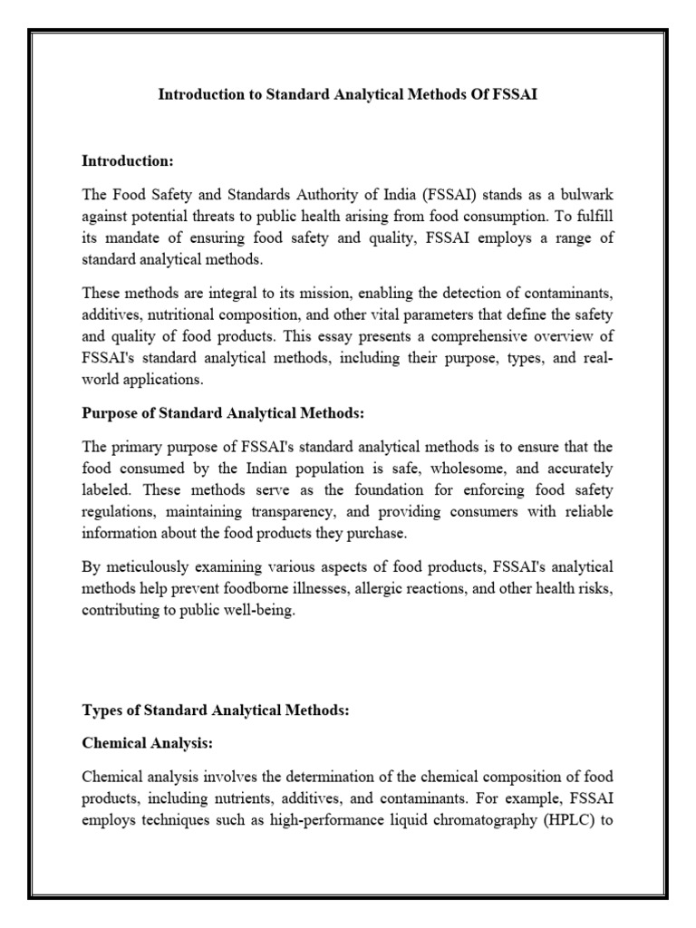 Introduction to Standard Analytical Methods of FSSAI PDF Food Safety Quality Assurance
