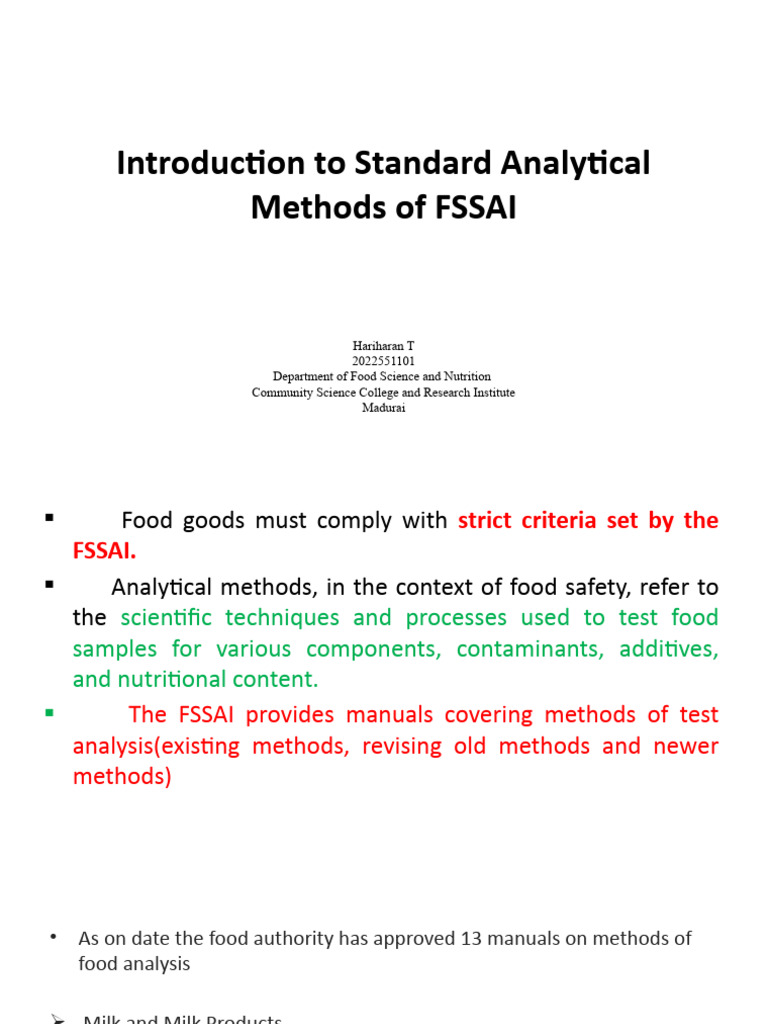 Introduction to Standard Analytical Methods of FSSAI PDF