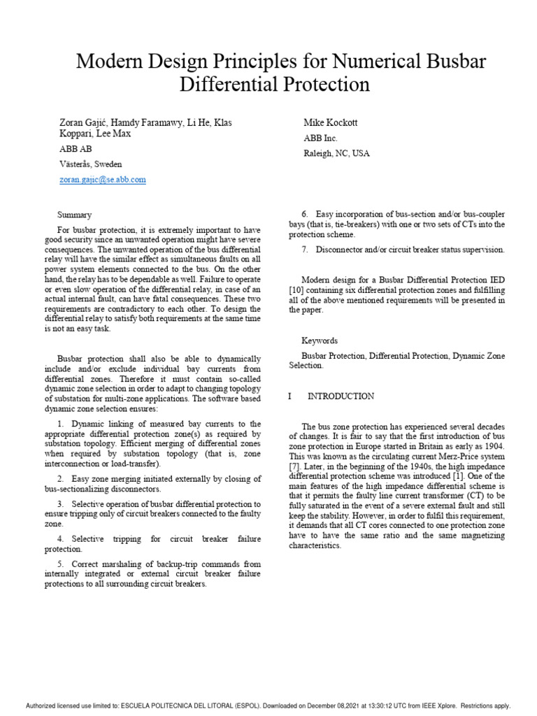 Numerical Busbar Differential Protection | PDF | Relay | Transformer
