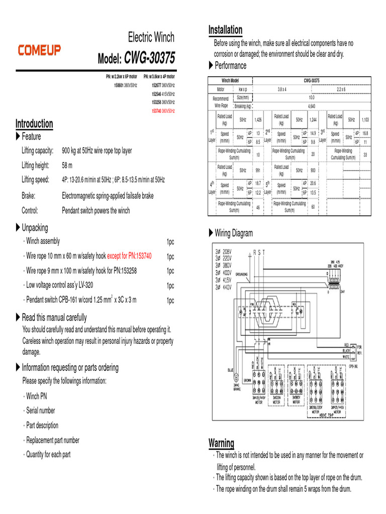 SHW 8 Winch Model CWG-30375 Details | PDF