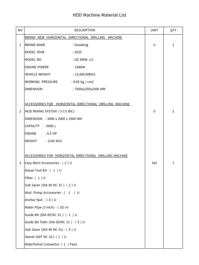 Goodeng HDD Machine Specifications & Parts | PDF | Equipment ...