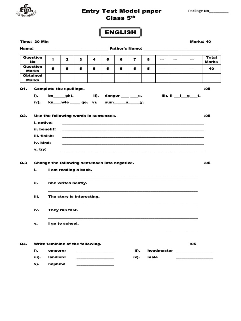 Class 5 Model Test Paper 2023 | PDF