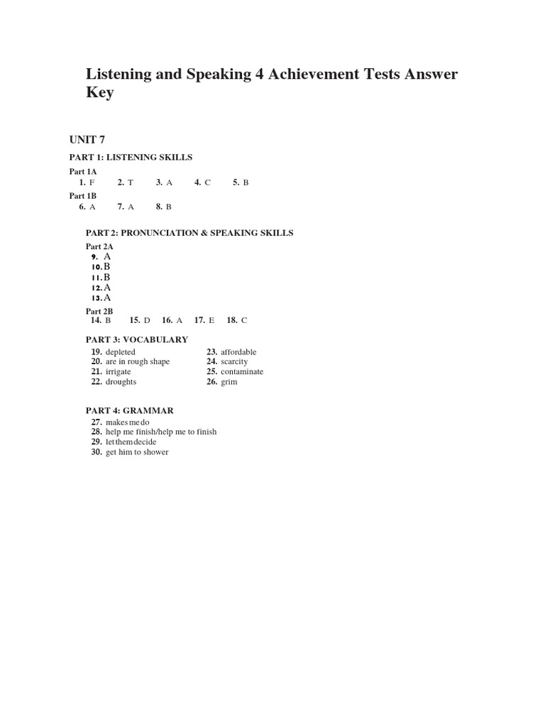 Unit 7 Listening & Speaking Answer Key | PDF