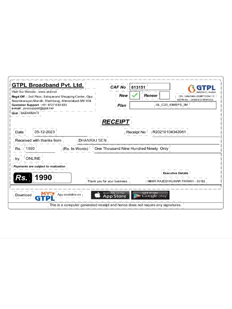 Gtpl Broadband Bill PDF