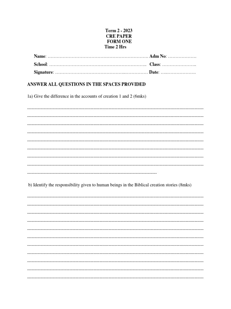 Term 2 2023 CRE Paper for Form One | PDF | The Exodus | Israelites