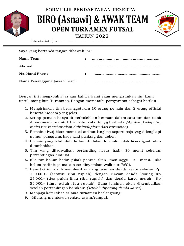 Formulir Pendaftaran Open Turnamen Futsal PDF