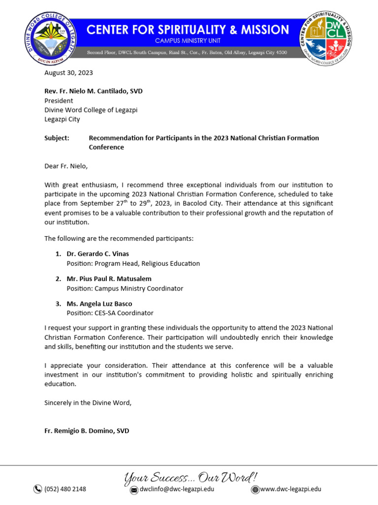 Letter For National Christian Formation Conference 2023 | PDF