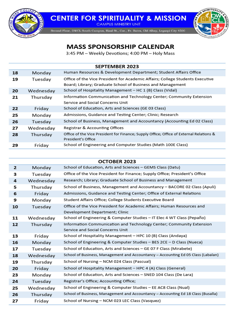 Mass Sponsorship Calendar PDF Business Science