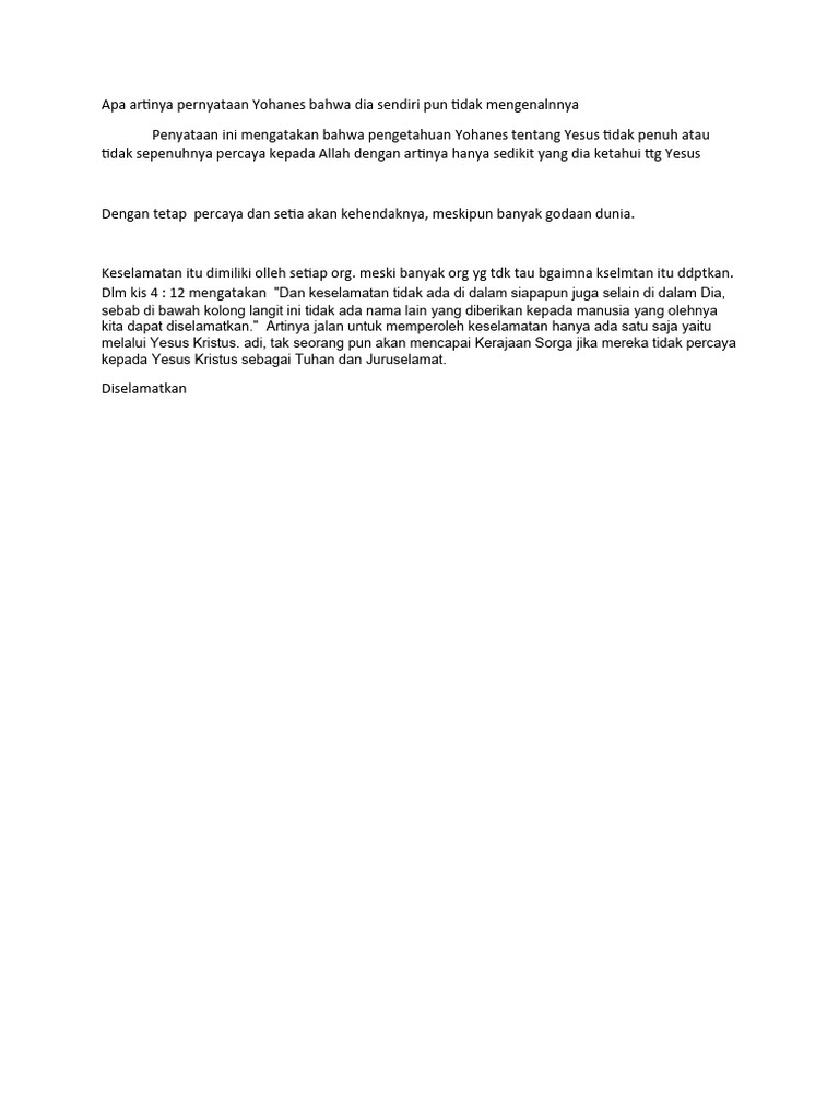 Apa Artinya Pernyataan Yohanes Bahwa Dia Sendiri Pun Tidak Mengenalnnya