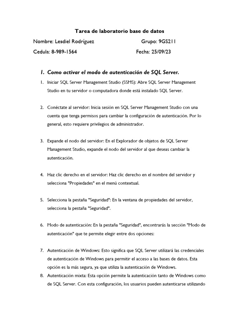 Guía de Autenticación y Usuarios SQL | PDF | Servidor SQL de Microsoft ...