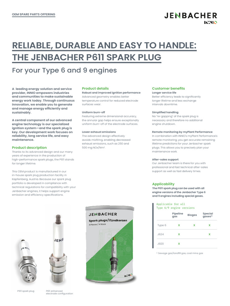 INNIO P611 Spark Plug Overview | PDF | Watt | Biogas