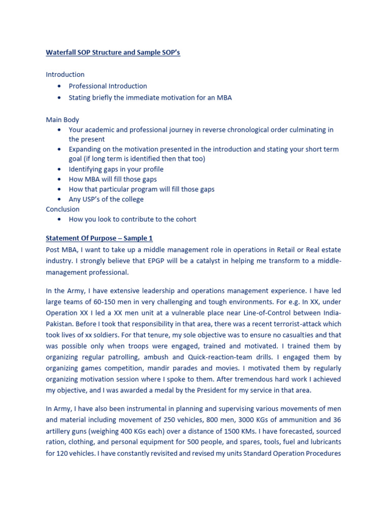 Waterfall SOP Structure for MBA Aspirants | PDF | Startup Company ...