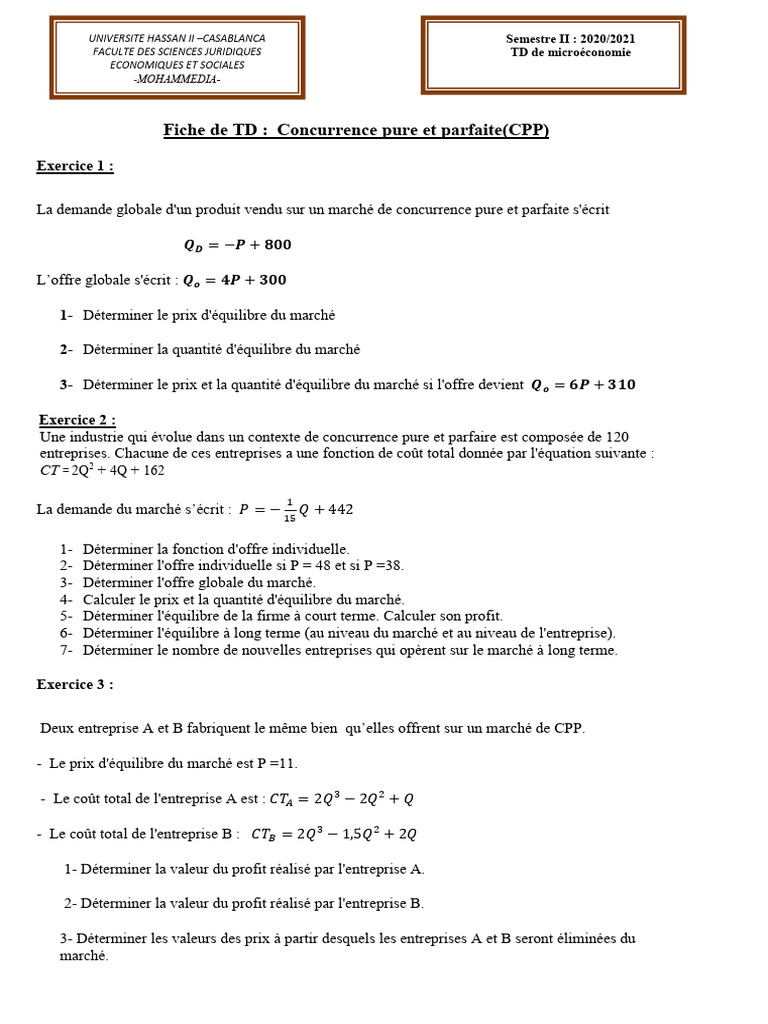 Concurrence Pure et Parfaite : TD Économie | PDF | Concurrence pure et ...
