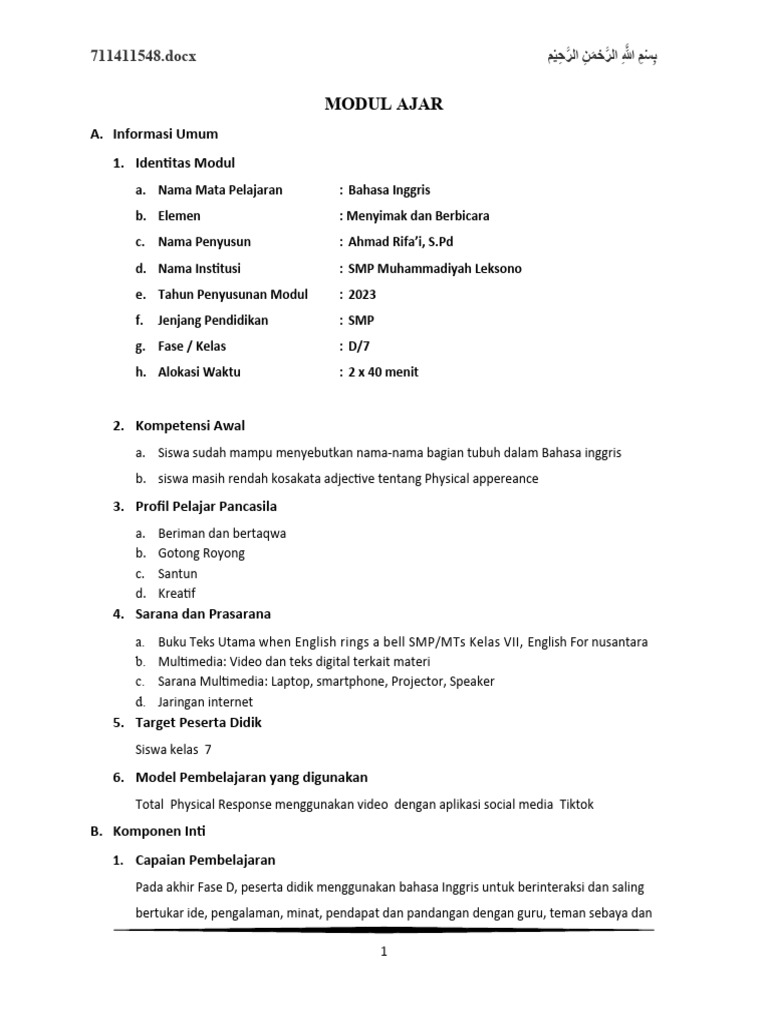 Modul Ajar Descriptive Text Kelas 7 | PDF