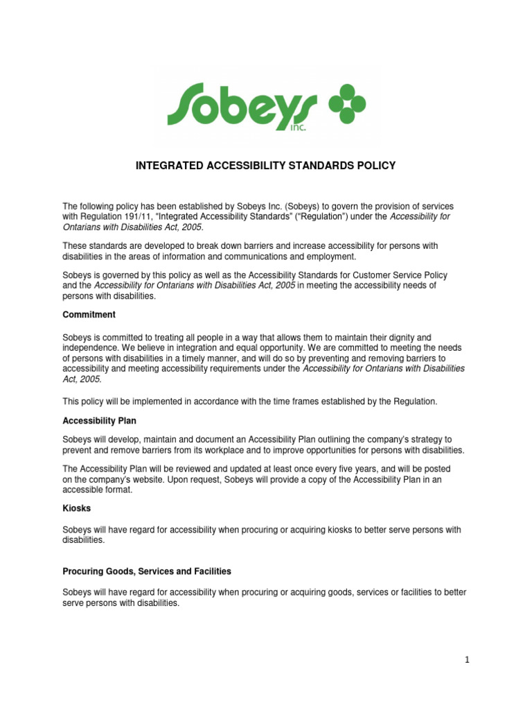 Sobeys Integrated Accessibility Standards Policy Ontario PDF