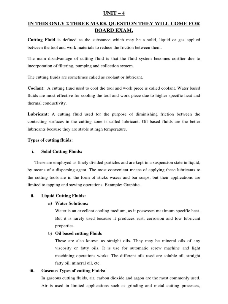 PT 1 UNIT IV Cutting Fluids PDF Lubricant Coolant