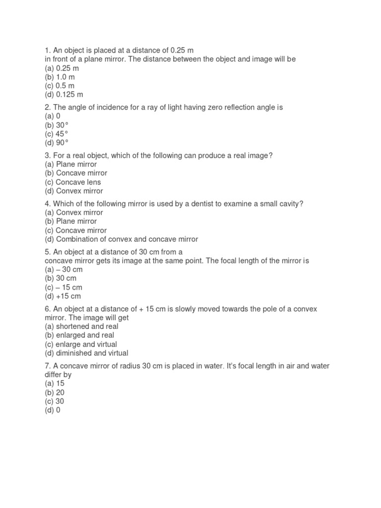 mcqs for reflection | PDF | Mirror | Physical Sciences