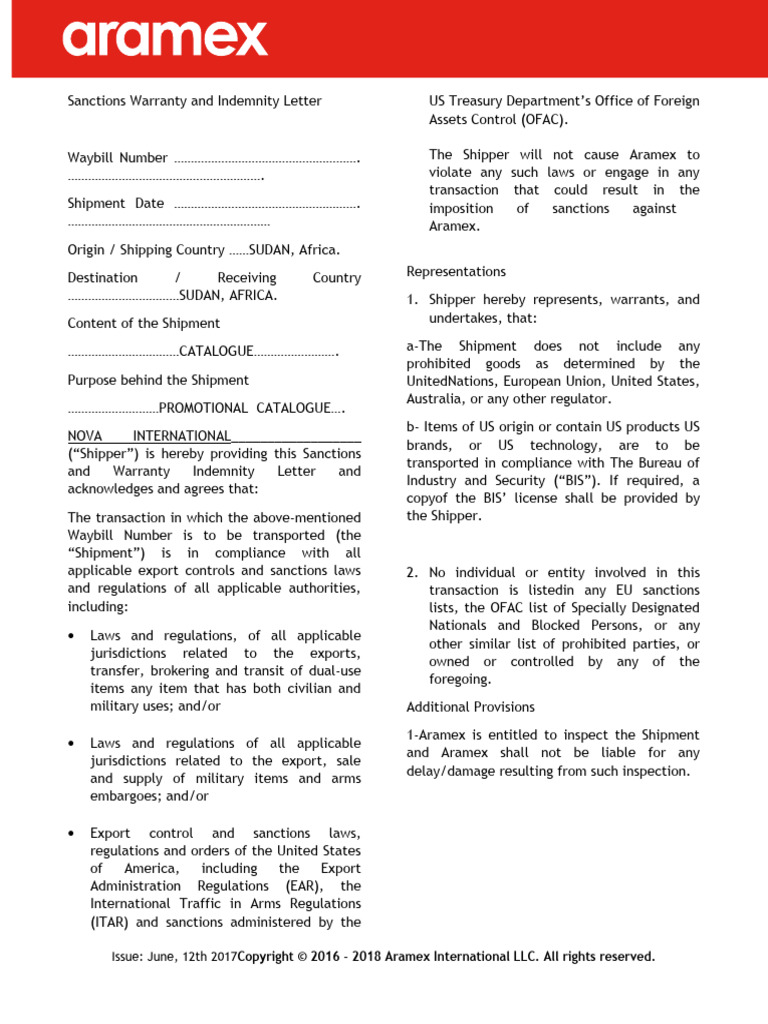 Sanctions Warranty and Indemnity Letter New Letter 2312 PDF