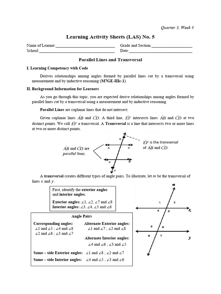 Angles with Parallel Lines and Transversals | PDF | Angle | Euclidean ...