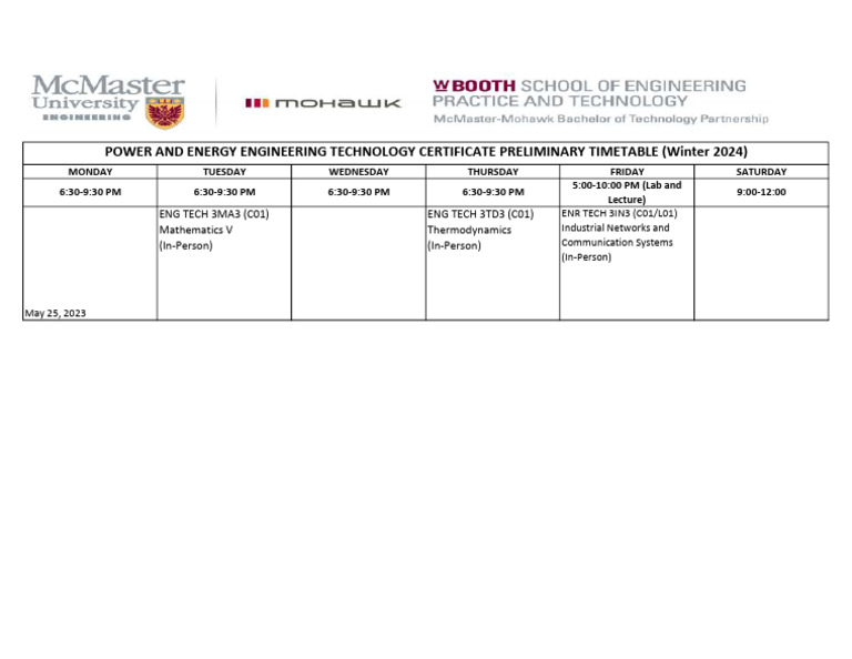 Winter 2024 Engineering Timetable | PDF