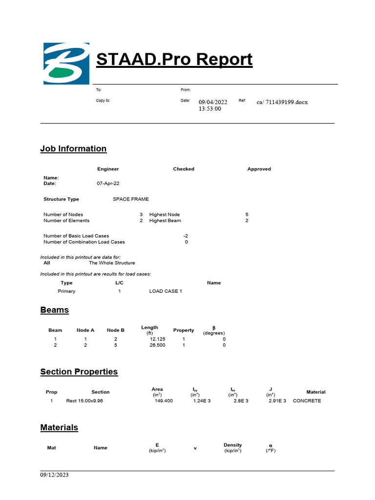 STAAD.Pro Space Frame Analysis Report | PDF | Beam (Structure) | Bending