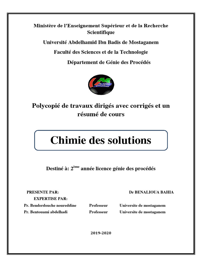 Chimie des solutions : Cours et TD | PDF | Ph | Dissociation (chimie)