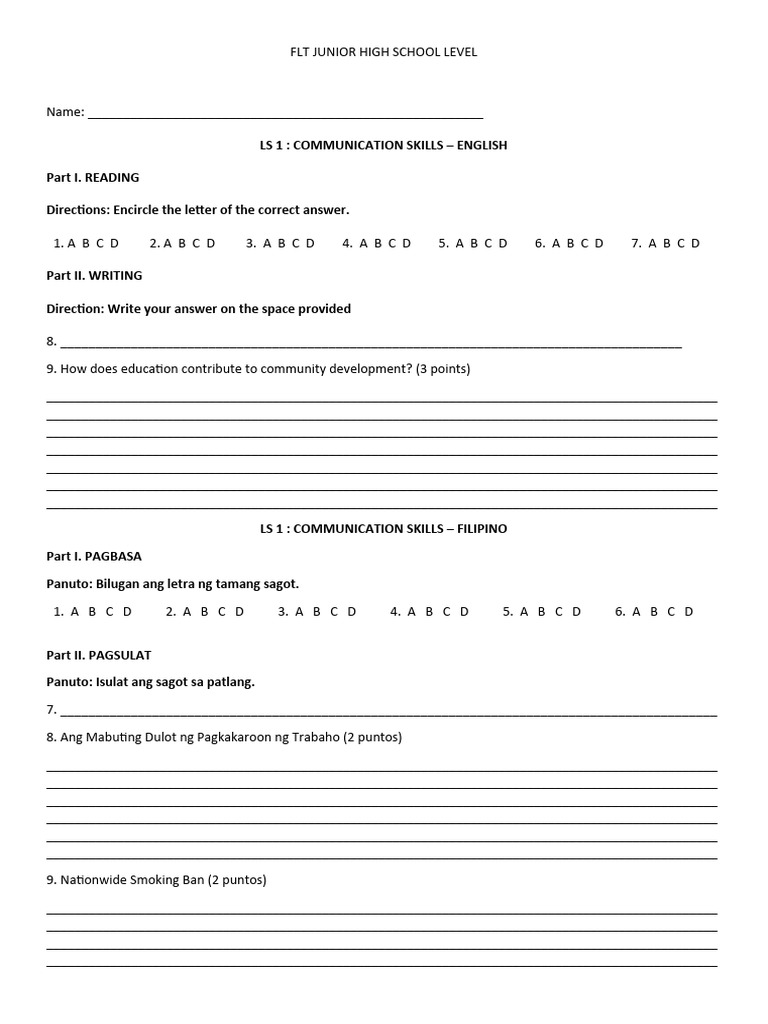 FLT JHS LEVEL (Answer Sheet) PDF