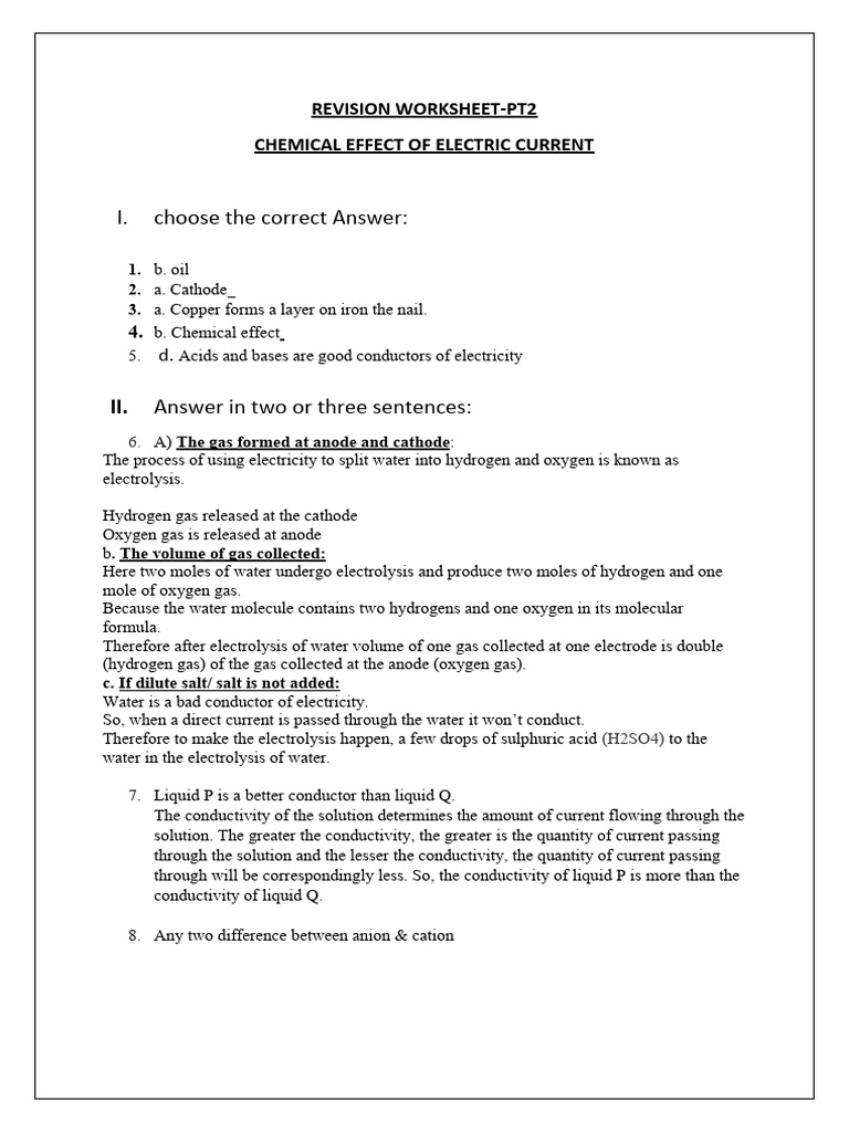 Answer Key of Previous Worksheet On Chemical Effects of Electric