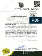 Certificado de Matrícula: La Secretaría de La Facultad de Administración Finanzas E Informática Certifica