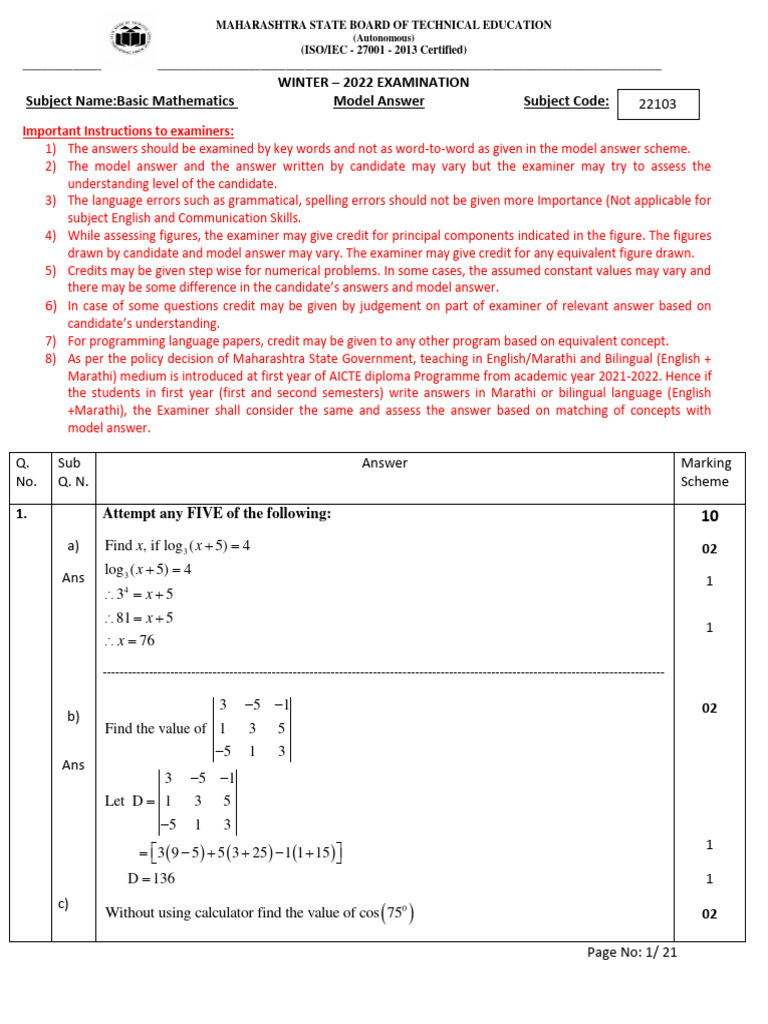 MSBTE Basic Mathematics Model Answer | PDF