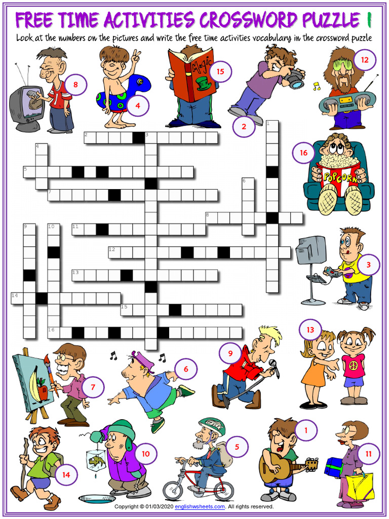 Free time activities vocabulary esl crossword puzzle worksheets for kids |  pdf