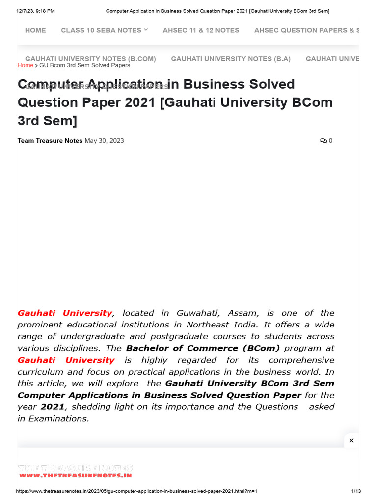 Computer application in business solved question paper 2021 gauhati