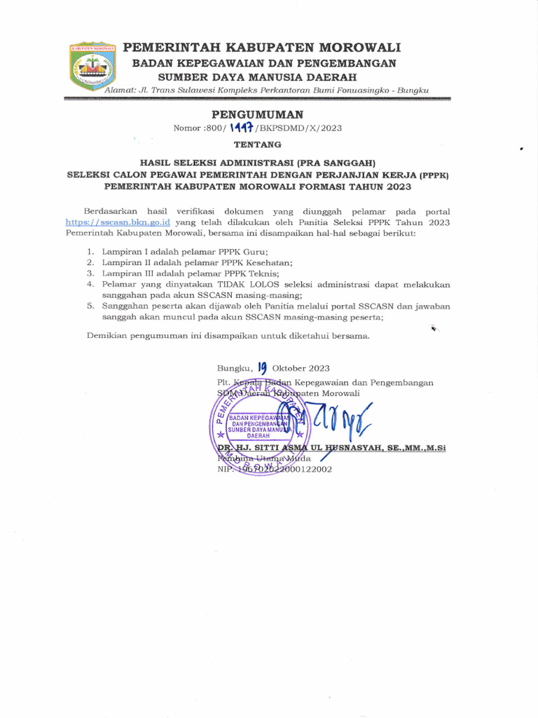 Pengumuman Hasil Seleksi Administrasi (Pra Sanggah) Seleksi PPPK 2023