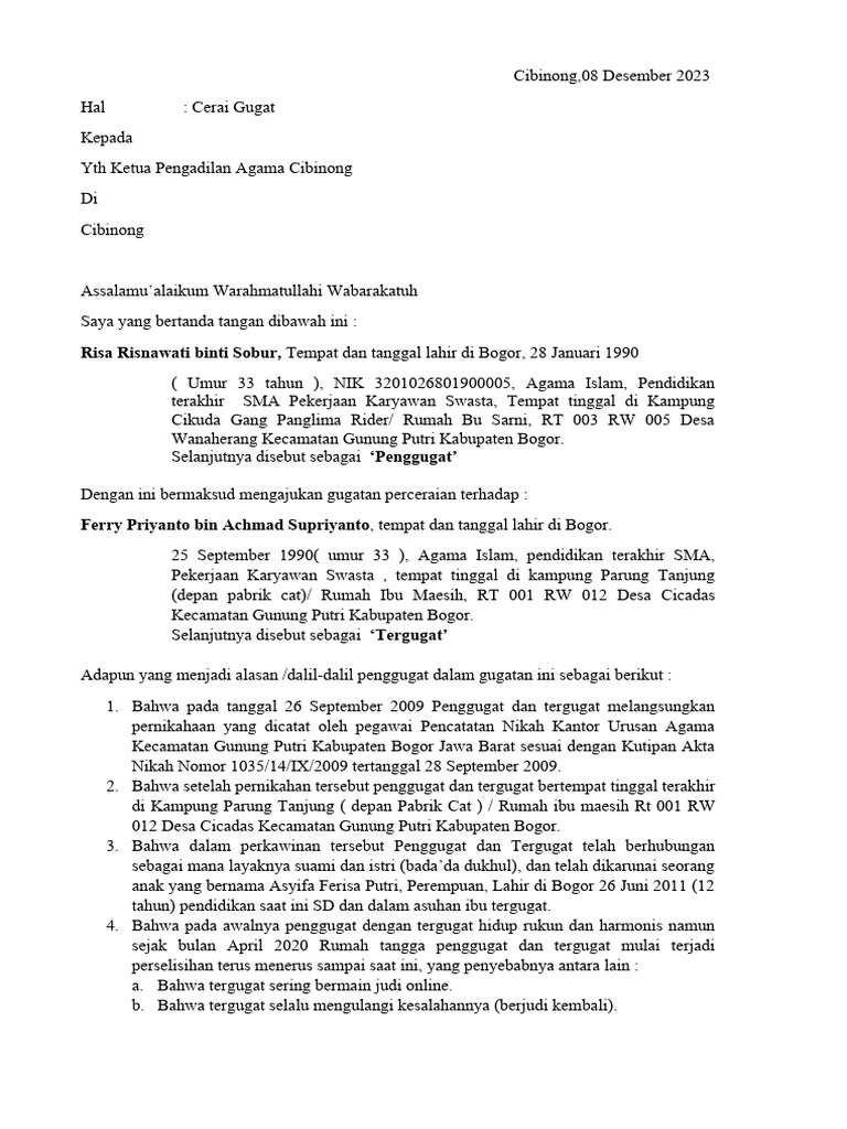 Surat Gugatan Perceraian Risa Risnawati | PDF