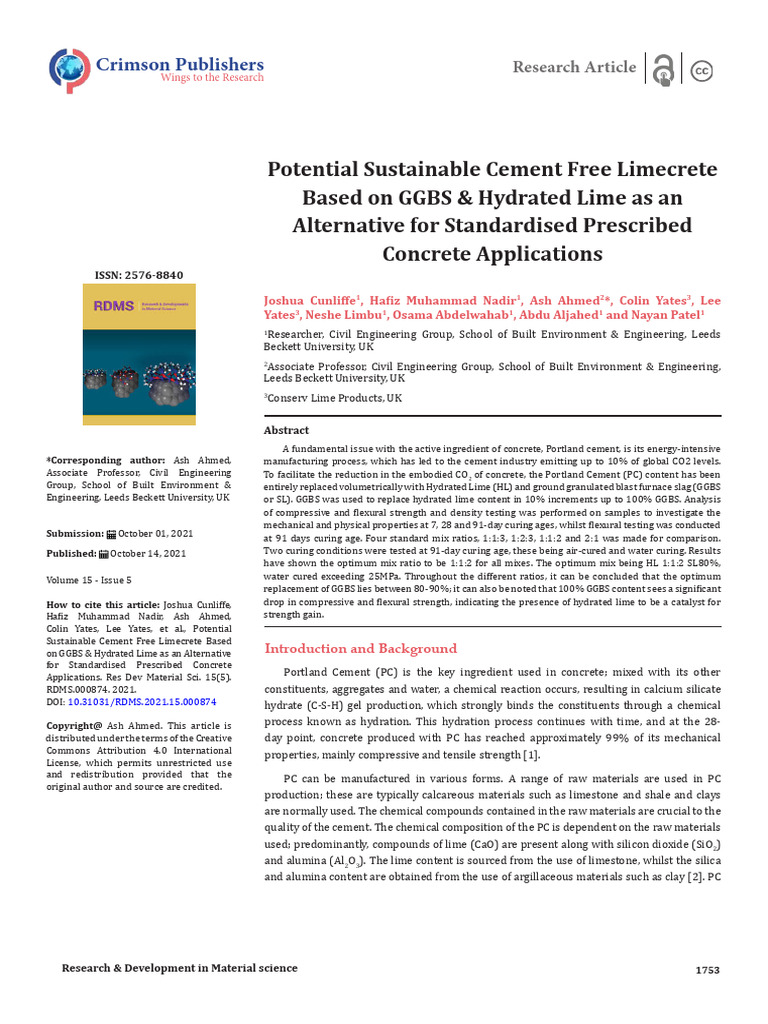 5.potential Sustainable Cement Free Limecrete Based On GGBS Hydrated