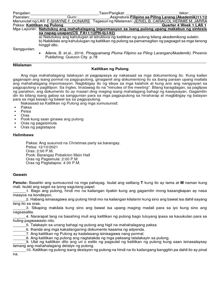 Piling Larang Akademik Quarter 4 Week 1 Las 1 | PDF
